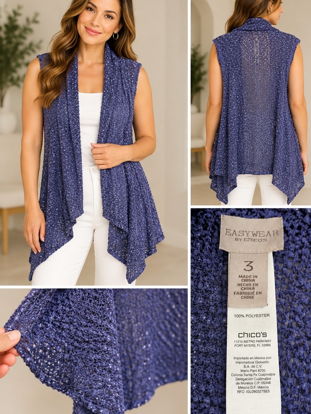 Chico's Easywear Navy Sparkle Sleeveless Drape Vest Size 3 XL